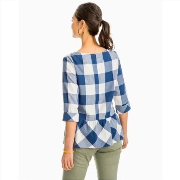 Southern Tide Jillian Blue Check Peplum Top - Picture 3 of 7